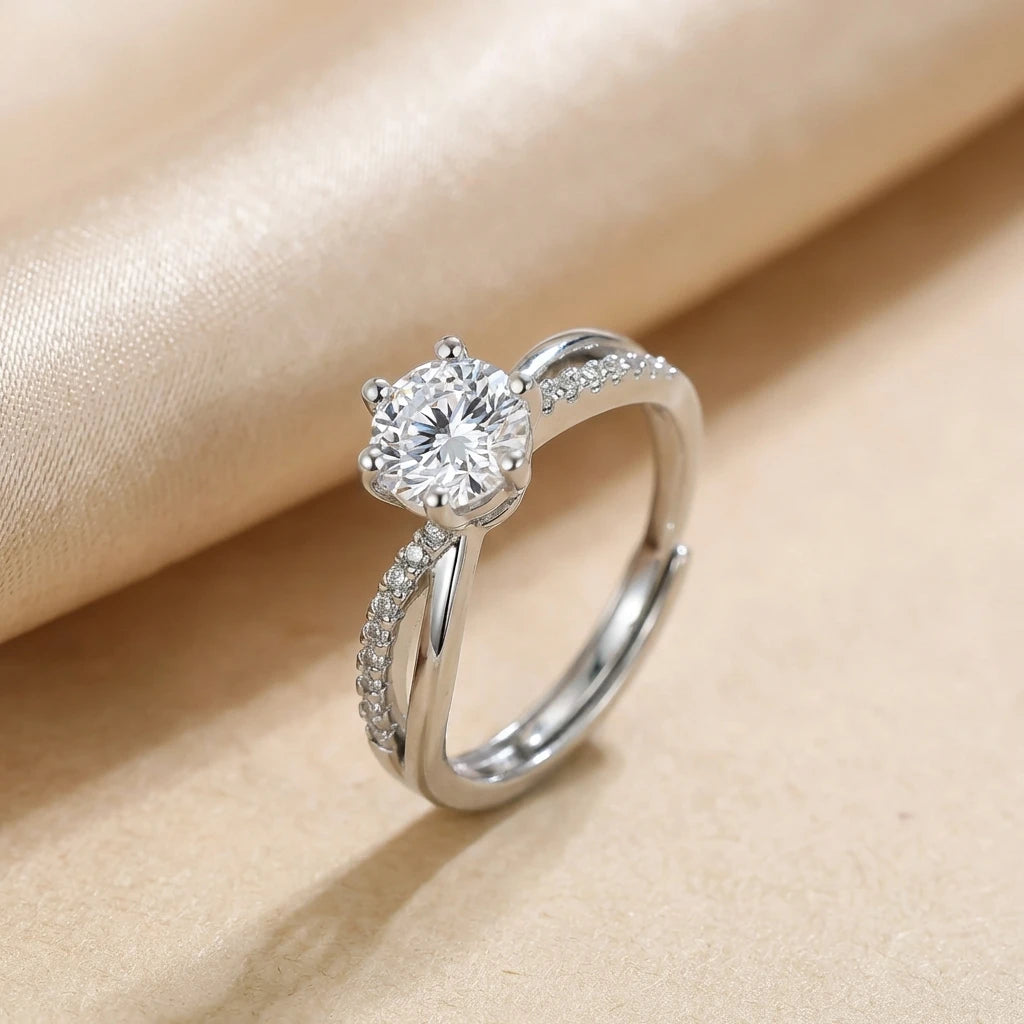 Cross Paved Diamond Four-Prong Ring