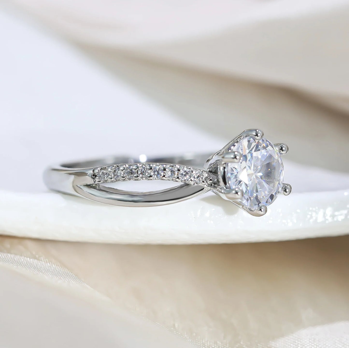 Cross Paved Diamond Four-Prong Ring